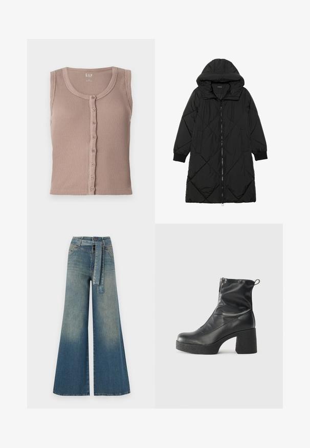Schwarze, gesteppten Puffermantel mit Kapuze, ausgestattet mit einem Reißverschluss, seitlichen Taschen und elastischen Bündchen. Glattes, wasserabweisendes Material.; Braunes, geripptes Tanktop mit rundem Ausschnitt und Knopfleiste, das horizontale, strukturierte Streifen aufweist und keine Ärmel hat. Hergestellt aus weichem Stoff.; Weit geschnittene Denim-Hosen mit einem Farbverlauf von hellblau zu dunkelblau, hoher Taille, Gürtelschlaufen und einem passenden Stoffgürtel. Strukturierte Denim-Oberfläche.; Schwarze Stiefeletten aus glattem Leder mit seitlichem Reißverschluss, klobigem strukturiertem Absatz und runder Zehenform.