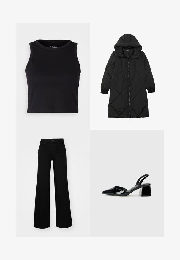 Crna tkanina sa štepom puffer kaput s kapuljačom, sa zatvaračem na zip, bočnim džepovima i elastičnim manžetama. Glatka, vodootporna tkanina.; Crna rebrasta kratka majica bez rukava s okruglim izrezom. Izrađena od mekog, rastezljivog materijala, s urednim rubovima.; Crne široke traperice s čvrstim pojasom, petljama za remen i prednjim džepovima. Gladak teksturirani materijal s klasičnim dizajnom.; Crne lakirane kožne sandale s otvorenom petom i špicastim vrhom, s geometrijskom blok petom. Imaju elegantan, minimalistički dizajn i glatku teksturu.
