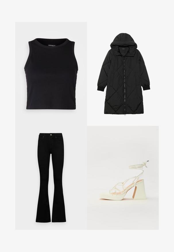Crna tkanina sa štepom puffer kaput s kapuljačom, sa zatvaračem na zip, bočnim džepovima i elastičnim manžetama. Glatka, vodootporna tkanina.; Crna rebrasta kratka majica bez rukava s okruglim izrezom. Izrađena od mekog, rastezljivog materijala, s urednim rubovima.; Crne traperice viskog struka s kopčanjem na gumb i rajfeslusu, prednjim džepovima i širom nogavicama položene su ravno na bijeloj pozadini.; Bijela sandala na visokoj potpetici s debelim petom, s remenom i vezanjem oko gležnja. Glatka tekstura s platformom sprijeda za dodatnu visinu.