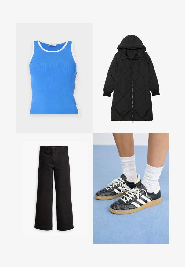 Manteau matelassé noir avec capuche, doté d'une fermeture éclair, de poches latérales et de poignets élastiques. Tissu lisse et résistant à l'eau.; Débardeur bleu côtelé avec bordure blanche, présentant des liens latéraux ajustables pour un meilleur ajustement. Le matériau semble doux avec un design ajusté.; Pantalons en coton noir avec une coupe évasée, dotés d'une ceinture élastique, de poches avant et de ourlets aux chevilles.; Sneakers en cuir noir avec des rayures blanches, bout rond, lacets blancs et semelle en caoutchouc beige. Accentué par un col rembourré et des détails de marque.