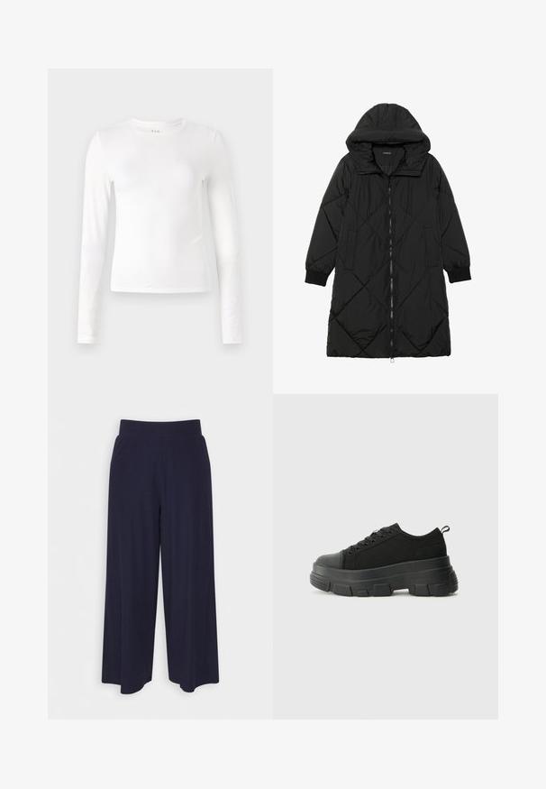 Schwarze, gesteppten Puffermantel mit Kapuze, ausgestattet mit einem Reißverschluss, seitlichen Taschen und elastischen Bündchen. Glattes, wasserabweisendes Material.; Weißes Langarm-T-Shirt aus weichem, dehnbarem Stoff. Mit Rundhalsausschnitt und figurnahem Schnitt, der minimalistische Nähte aufweist.; Weit geschnittene Hosen aus dunkelnavy Stoff mit strukturiertem Rippendesign. Merkmale sind ein glatter Hosenbund und eine luftige Silhouette, die bis zur Mitte der Wade reicht.; Schwarze Sneakers mit einer dicken Gummisohle, strukturiertem Obermaterial, runder Zehenpartie und Schnürdesign. Verfügt über verstärkte Ösen und eine Schlaufe an der Rückseite.