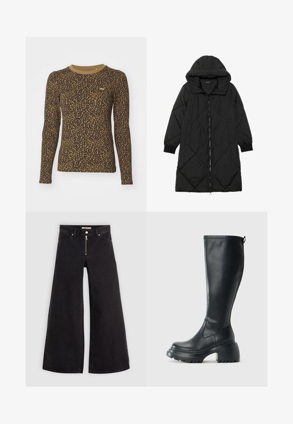 Černá prošívaná péřová bunda s kapucí, vybavená zipovým zapínáním, bočními kapsami a elastickými manžetami. Hladká, voděodolná tkanina.; Hnědé tričko s dlouhým rukávem s leopardím potiskem, kulatým výstřihem a mírným strečovým efektem. Malá nášivka s logem na přední straně.; Džíny s širokými nohavicemi v černém denimovém provedení se zipem vpředu, pěti kapsami a jemnými švy. Hladká textura a ležérní styl.; Vysoká černá kožená bota s masivní platformou a blokovým podpatkem, s poutkem a texturovaným vzorkem na podrážce.