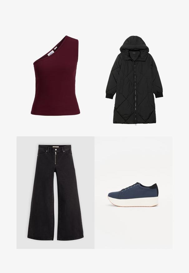 Cappotto imbottito nero trapuntato con cappuccio, caratterizzato da chiusura con zip, tasche laterali e polsini elastici. Tessuto liscio e resistente all'acqua.; Top in magenta a coste con design a spalla unica, tessuto elasticizzato e silhouette aderente. Etichetta visibile all'interno dell'area del collo.; Jeans a gamba larga in denim nero con chiusura a zip, design a cinque tasche e dettagli di cucitura sottili. Texture morbida e stile casual.; Sneaker blu navy con tomaia in tessuto texturizzato, suola piatta bianca, punta arrotondata e accentuazione nera sul tallone. Presenta sei fori per i lacci.