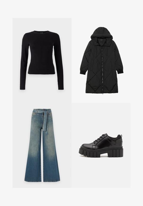 Melnas quiltētas pūkara mētelis ar kapuci, ar rāvējslēdzēja aizdari, sānu kabatām un elastīgām aprocēm. Gluda, ūdensizturīga auduma.; Melnas garas piedurknes krekls, kas izgatavots no mīksta, viegla kokvilnas auduma. Pieguļošs dizains ar apaļu kakla izgriezumu un taisnu apakšmalu, bez redzamām rakstiem vai akcentiem.; Platām kājām džinsu bikses ar gaismas līdz tumši zilam gradientam, augstu jostas līniju, jostas cilpām un atbilstošu auduma jostu. Tekstūrēts džinsas apdare.; Melnas ādas platformas kurpes ar masīvu bloku papēdi, apaļu purngalu un tradicionālu saistīšanas dizainu. Izceļas ar gludu tekstūru un minimālu apdari.