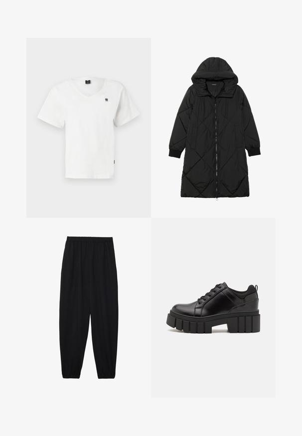 Must-havesinise mustris quiltitudis puffer jakk, millel on kapuuts, tõmblukk, küljetaskud ja elastsed varrukad. Sile, veekindel kangas.; Valge lühikeste varrukatega V-kaelusega T-särk, mis on valmistatud puuvillast. Omab pisikest musta logot vasakul ülemisel rinnal ja sirget ääre. Lihtne disain.; Mustad, kerge kangas püksid elastse vöökoha ja kokku volditud pahkluudega. Kanga pind on sile ja disain on lõdvestunud, kitsenev.; Must musta platvormsussid paksu plokkninal, ümmarguse varbaga ja traditsioonilise nööridega kinnitamisega. Sussid on sileda tekstuuriga ja minimaalsete detailidega.