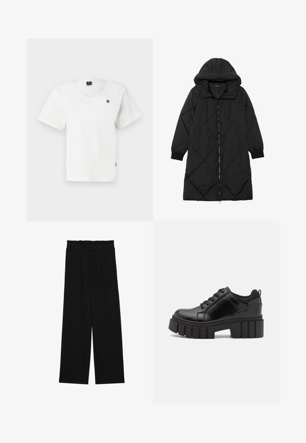 Čierna prešívaná páperová bunda s kapucňou, so zipsom, bočnými vreckami a elastickými manžetami. Hladká, vodeodolná tkanina.; Biela krátkoplejá V-krčný tričko vyrobené z bavlny. Obsahuje malé čierne logo na hornej ľavej strane hrude a rovný lem. Jednoduchý dizajn.; Čierne široké nohavice s volánovým pásom, obsahujúce dve bočné vrecká a hladký, ľahký materiál. Žiadne viditeľné vzory ani kovové príslušenstvo.; Čierne kožené platformy s masívnym blokovým podpätkom, okrúhlou špičkou a tradičným šnurovaním. Má hladký povrch a minimálne detaily.