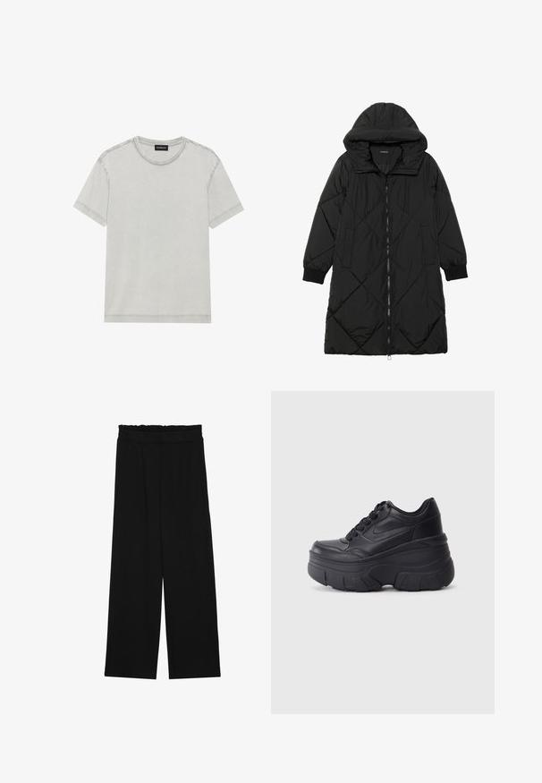 Geacă puffer neagră, matlasată, cu glugă, având închidere cu fermoar, buzunare laterale și manșete elastice. Material neted, rezistent la apă.; Tricou din bumbac gri deschis, cu guler rotund și mâneci scurte, cu linii curate și detalii minime de cusătură.; Pantaloni largi negri cu un tiv volant, cu două buzunare laterale și un material neted, ușor. Fără modele vizibile sau accesorii.; Adidași negri cu șireturi, cu un toc gros, având partea superioară din piele netedă, vârf rotund și un design distinct de platformă stratificată.