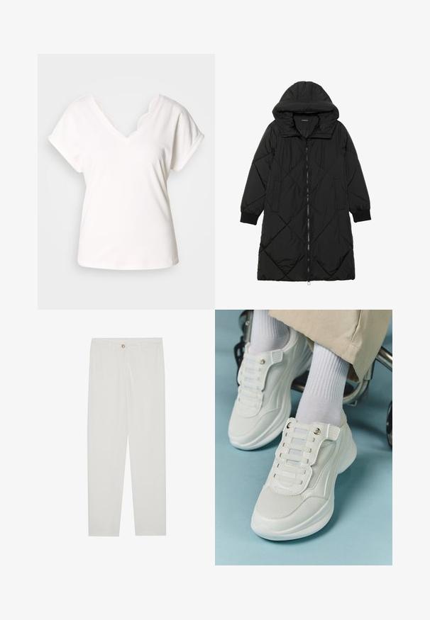 Black quilted puffer coat with a hood, featuring a zip closure, side pockets, and elastic cuffs. Smooth, water-resistant fabric.; White short-sleeve t-shirt with a V-neck and scalloped lace accents along the neckline, made of soft cotton material.; White, tailored trousers with a straight leg design, featuring a button closure, belt loops, and side pockets; smooth fabric texture.; White sneakers featuring a mesh material, rubber sole, lace-free design with elastic bands, and gold-toned accents.