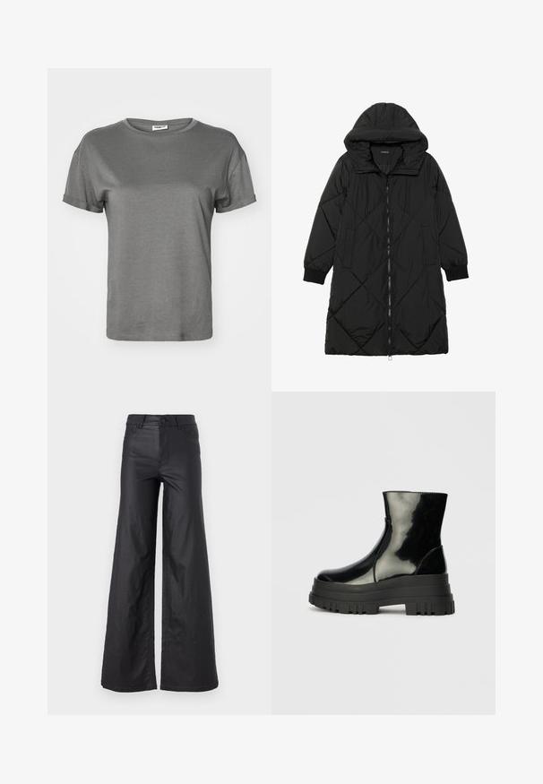 Černá prošívaná péřová bunda s kapucí, vybavená zipovým zapínáním, bočními kapsami a elastickými manžetami. Hladká, voděodolná tkanina.; Šedé tričko s krátkým rukávem vyrobené z měkké bavlny. Má klasický kulatý výstřih, ohrnuté rukávy a volný střih s hladkou, rovnoměrnou texturou.; Černé kalhoty s širokými nohavicemi ze syntetické kůže. Mají vysoký pás, poutka na opasek, dvě přední kapsy a prošívané detaily.; Černá lesklá kotníková bota s robustní podrážkou a zaoblenou špičkou, boční pohled na jednolitém světle šedém pozadí.