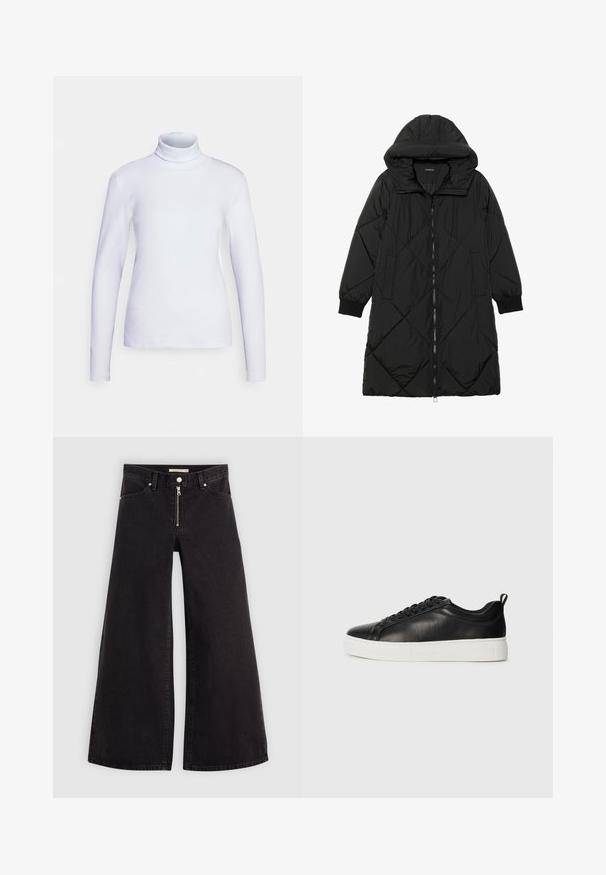 Black quilted puffer coat with a hood, featuring a zip closure, side pockets, and elastic cuffs. Smooth, water-resistant fabric.; White turtleneck long sleeve top, made from smooth fabric. Fitted design with minimal seams, featuring a high neck and a straight hem.; Wide-leg jeans in black denim with a zippered front, five-pocket design, and subtle stitching details. Smooth texture and casual style.; Black low-top leather sneaker with black laces and white thick rubber sole, viewed from the outer side on a white background.