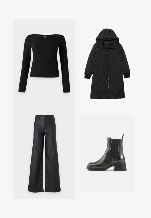 Zwarte gewatteerde pufferjas met een capuchon, voorzien van een ritssluiting, zijzakken en elastische manchetten. Glad, waterafstotend materiaal.; Zwarte top met lange mouwen en een vierkante halslijn, gemaakt van gladde stof, met een aansluitend ontwerp en een rechte zoom. Label zichtbaar aan de binnenkant van de halslijn.; Zwarte, wijde broek van faux leer. Kenmerken zijn een hoge taille, riemlussen, twee voorkzakken en gestikte details.; Zwarte leren enkellaarzen met een gladde afwerking, elastische zijpanelen en een zware hak. Voorzien van een lus voor gemakkelijker aan- en uittrekken.