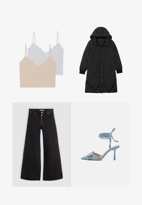 Fekete steppelt pufi kabát kapucnival, cipzáras záródással, oldalsó zsebekkel és elasztikus mandzsettákkal. Simább, vízlepergető anyag.; Két camisole top: az egyik bézs, a másik világosszürke. Mindkettő vékony pántokkal és hullámos kivágással rendelkezik, puha, rugalmas anyagból készült.; Fekete denim széles szárú farmer, cipzáros elejével, öt zsebes kialakítással és diszkrét varrással. Sima textúra és laza stílus.; Hegyes orrú magassarkú cipő világoskék szövetből, texturált felülettel, masnis díszítéssel és bokapánttal a biztos illeszkedésért.