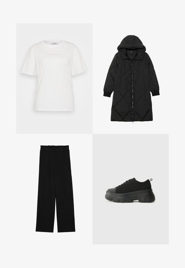 Juodas siūtais pūkų paltas su gobtuvu, turintis užtrauktuką, šonines kišenes ir elastines rankoves. Lygus, vandeniui atsparus audinys.; MSCH Copenhagen SMALL LOGO TEE - Paprasti marškinėliai - white; Juodi platūs kelnes su volaniniu juosmeniu, turinčiu dvi šonines kišenes ir glotnią, lengvą medžiagą. Nėra matomų raštų ar detalių.; Juodos sportinės bateliai su stambiu guminiais padu, tekstūrizuotu audinio viršumi, apvaliu pirštu ir raištelių uždarymu. Yra sutvirtinti akių angos ir nugaros kilputė.