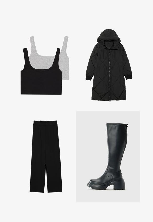 Melnas quiltētas pūkara mētelis ar kapuci, ar rāvējslēdzēja aizdari, sānu kabatām un elastīgām aprocēm. Gluda, ūdensizturīga auduma.; Divi kokvilnas maisījuma topi: viens melns un otrs pelēks, abi ar ribotu tekstūru un platām siksnām, ar apaļu izgriezumu un ērtu piegriezumu.; Melnas platās bikses ar volangām jostasvietā, ar divām sānu kabatām un gludu, vieglu audumu. Nav redzamu rakstu vai aksesuāru.; Augstas melnas ādas zābakus ar masīvu platformu un bloka papēdi, ar vilkšanas cilpu un strukturētu profilu uz ārējā zoles.