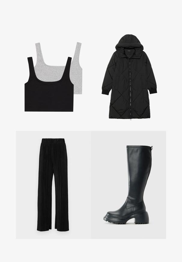 Čierna prešívaná páperová bunda s kapucňou, so zipsom, bočnými vreckami a elastickými manžetami. Hladká, vodeodolná tkanina.; Dve tielka z bavlnenej zmesi: jedno čierne a jedno šedé, obe s rebrovanou textúrou a širokými ramienkami, s okrúhlym výstrihom a pohodlným strihom.; Čierne plisované nohavice s elastickým pásom. Majú široké nohavice a hladkú, textúrovanú látku s vertikálnymi pruhmi.; Vysoká čierna kožená čižma s masívnou platformou a blokovým podpätkom, s praktickým pútkom a textúrovaným vzorom na podošve.