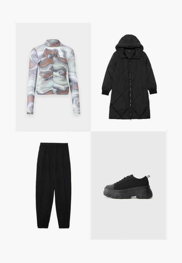 Casaco puffer acolchoado preto com capuz, apresentando um fecho de correr, bolsos laterais e punhos elásticos. Tecido suave e à prova d'água.; Top de mangas longas, ajustado, com um padrão marmoreado em tons de cinza, branco e castanho. Apresenta um decote alto e detalhes franzidos na parte da frente.; Calças pretas, leves, com um cinto elástico e punhos franzidos. O tecido é suave e apresenta um design relaxado e afunilado.; Sneakers pretos com sola de borracha robusta, parte superior de tecido texturizado, bico redondo e design de atacadores. Apresenta ilhós reforçados e uma alça na parte posterior.