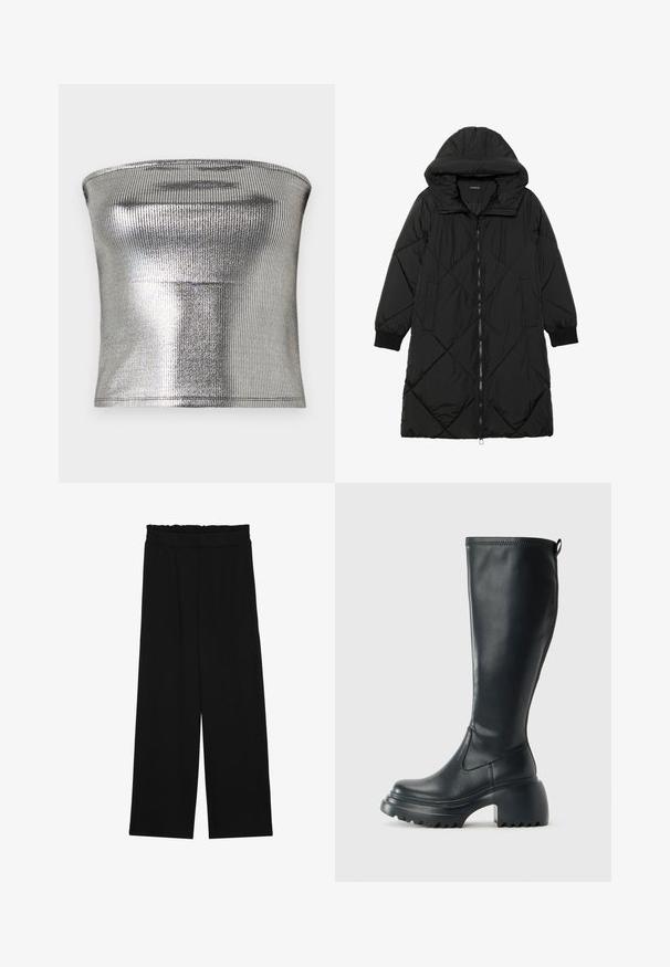 Crna tkanina sa štepom puffer kaput s kapuljačom, sa zatvaračem na zip, bočnim džepovima i elastičnim manžetama. Glatka, vodootporna tkanina.; Srebrni top bez naramenica napravljen od rebraste metalik tkanine. Ima glatku teksturu i oblikovani dizajn s ravnim rubom.; Crne široke hlače s naboranim pojasom, koje imaju dva bočna džepa i glatku, laganu tkaninu. Nema vidljivih uzoraka ili metalnih dijelova.; Visoke crne kožne čizme s debelim platformskim đonom i blok petom, s patentom za povlačenje i teksturiranim uzorkom na potplatu.