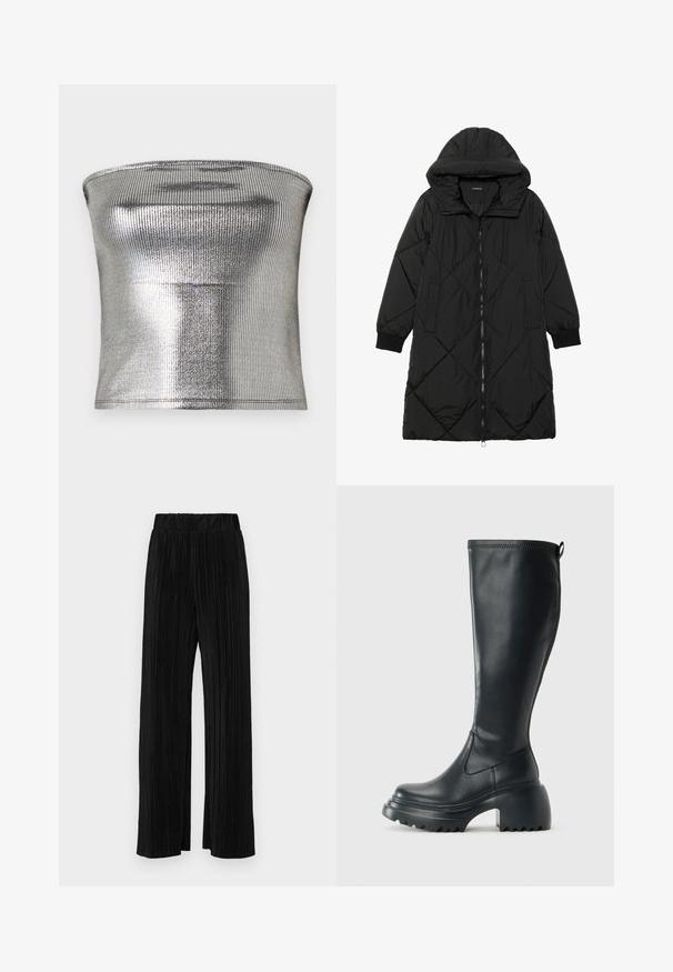 Geacă puffer neagră, matlasată, cu glugă, având închidere cu fermoar, buzunare laterale și manșete elastice. Material neted, rezistent la apă.; Top argintiu fără bretele, realizat dintr-un material metalic cu textură ribbată. Dispune de o textură netedă și un design ajustat cu o margine dreaptă.; Pantaloni negri plisati cu talie elastică. Prezintă picioare largi și un material neted, texturat, cu dungi verticale.; Cizme lungi din piele neagră cu talpă platformă masivă și tocul pătrat, având un tab de tragere și un model texturat pe talpa exterioară.