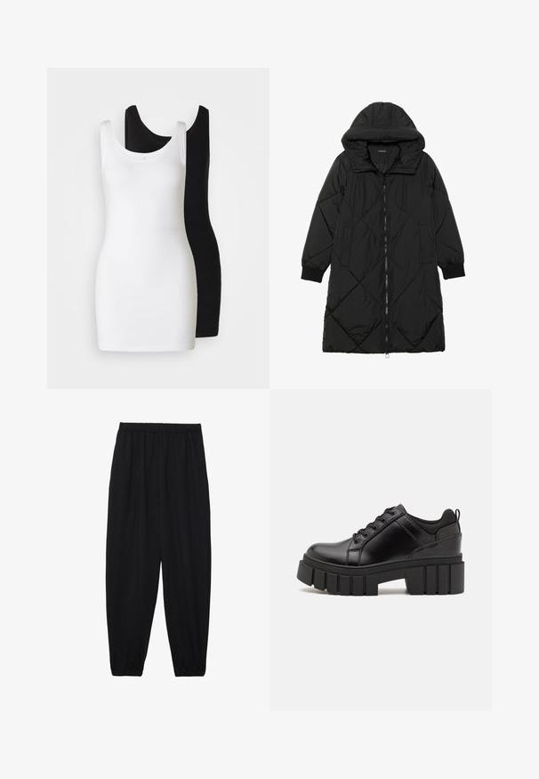 Sort quiltet pufferjakke med hætte, med lynlåslukning, sidelommer og elastiske manchetter. Glat, vandafvisende stof.; To slevet tanktoppe: én hvid og én sort, lavet af blødt, strækbart stof med en rund halsudskæring og tætsiddende design.; Sort, lette bukser med elastisk talje og sammenfoldede ankler. Stoffet er glat og har et afslappet, indsnævret design.; Sorte læder platform sko med en klodset blokhæl, rund tå og traditionelt snøredesign. Har en glat tekstur og minimal detaljering.
