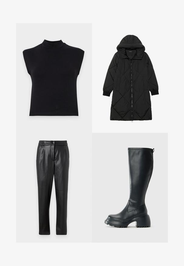 Must-havesinise mustris quiltitudis puffer jakk, millel on kapuuts, tõmblukk, küljetaskud ja elastsed varrukad. Sile, veekindel kangas.; Must pehmeast kangast, ilma varrukateta must pluus, millel on kõrge kaelus. Sujuva tekstuuriga ja kinnise disainiga, ilma nähtavate mustrite või aktsentideta.; Mustad nahkpüksid, millel on sile tekstuur, sirge lõige, elastne vöökoht ja esine nupuga sulgemine; volditud detailid ja kitsenevad sääred.; Kõrge must nahksaapad, millel on massiivne platvormi tald ja blokk-kand, varustatud tõmbenööriga ja tekstuuriga väljatõmbejääk.
