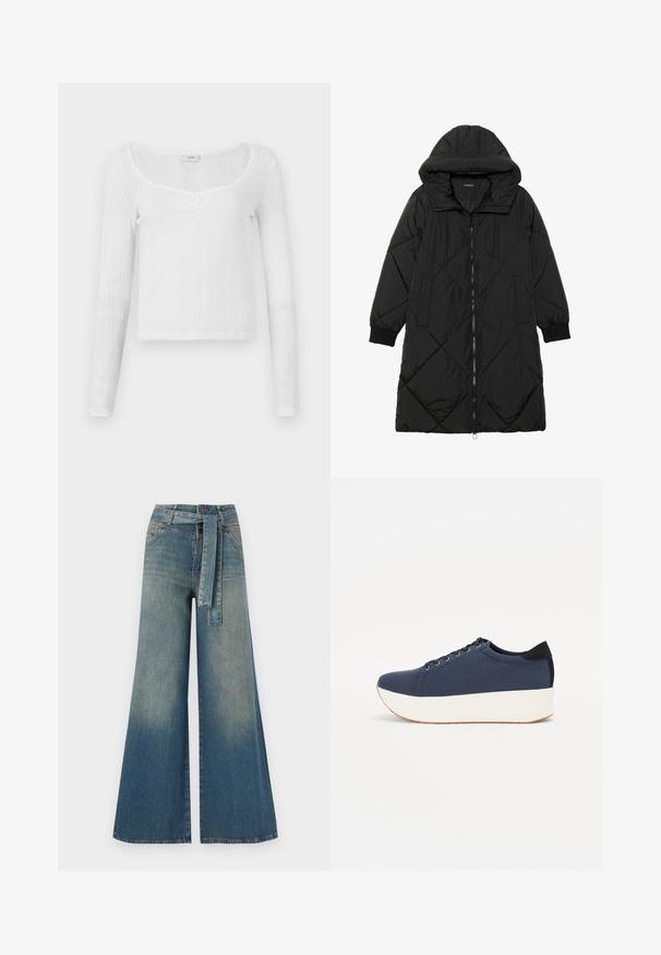 Black quilted puffer coat with a hood, featuring a zip closure, side pockets, and elastic cuffs. Smooth, water-resistant fabric.; White long-sleeve top with a fitted design, textured stripe pattern, scoop neckline, and three button details at the center.; Wide-leg denim trousers featuring a light to dark blue gradient, high waist, belt loops, and a matching fabric belt. Textured denim finish.; Navy blue sneaker with a textured fabric upper, white platform sole, rounded toe, and black heel accent. Features six eyelets for laces.