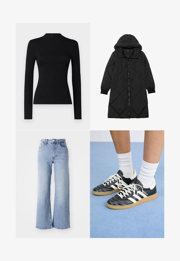 Casaco puffer acolchoado preto com capuz, apresentando um fecho de correr, bolsos laterais e punhos elásticos. Tecido suave e à prova d'água.; Top preto de mangas longas com textura canelada e gola alta, apresentando um fecho nas costas, com uma silhueta ajustada e textura suave.; Jeans de cintura alta, de perna larga, em azul claro, com bolsos frontais e traseiros, fecho de botão e desbotamento subtil nas coxas e nas bainhas.; Sapatilhas de couro preto com riscas brancas, biqueira redonda, atacadores brancos e sola de borracha de goma. Destacadas pelo colarinho acolchoado e detalhes de marca.