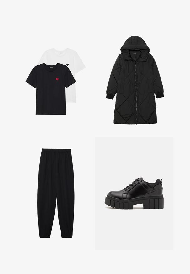 Must-havesinise mustris quiltitudis puffer jakk, millel on kapuuts, tõmblukk, küljetaskud ja elastsed varrukad. Sile, veekindel kangas.; Even&Odd 2 PACK - Trükipildiga T-särk - white/black; Mustad, kerge kangas püksid elastse vöökoha ja kokku volditud pahkluudega. Kanga pind on sile ja disain on lõdvestunud, kitsenev.; Must musta platvormsussid paksu plokkninal, ümmarguse varbaga ja traditsioonilise nööridega kinnitamisega. Sussid on sileda tekstuuriga ja minimaalsete detailidega.