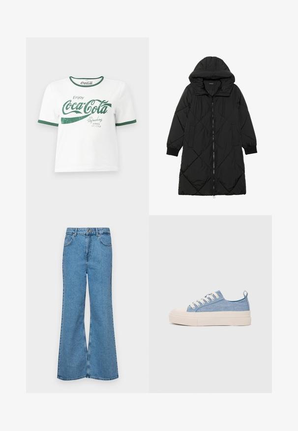 Black quilted puffer coat with a hood, featuring a zip closure, side pockets, and elastic cuffs. Smooth, water-resistant fabric.; White cotton t-shirt with green ringer neckline and sleeve cuffs, featuring a distressed Coca-Cola graphic text in green.; Light blue flared jeans made of denim, featuring a high waist, five pockets, and a single button closure. Soft texture with faded finish.; Light blue canvas sneakers with a cream rubber toe cap and outsole, featuring white laces and a pull tab on the heel.