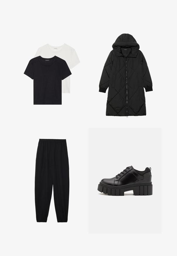 Svart vadderad jacka med huva, med dragkedja, sidofickor och elastiska ärmslut. Slät, vattenavvisande tyg.; Två kortärmade T-shirts i svart och vitt. Tillverkade av mjuk bomull, med rund halsringning och normal passform, med minimala sömnadsdetaljer.; Svarta, lätta byxor med elastisk midja och samlade ankleder. Tyget är slätt och har en avslappnad, avsmalnande design.; Svarta läderplattformsskor med en kraftig blockklack, rund tå och traditionell snörningsdesign. Har en slät textur och minimal detaljering.