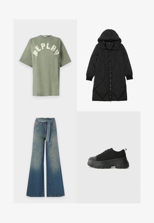 Black quilted puffer coat with a hood, featuring a zip closure, side pockets, and elastic cuffs. Smooth, water-resistant fabric.; Green cotton t-shirt with a relaxed fit, featuring a rounded neckline and the word "REPLAY" in large, off-white block letters across the chest.; Wide-leg denim trousers featuring a light to dark blue gradient, high waist, belt loops, and a matching fabric belt. Textured denim finish.; Black sneakers with a chunky rubber sole, textured fabric upper, round toe, and lace-up design. Features reinforced eyelets and back pull tab.