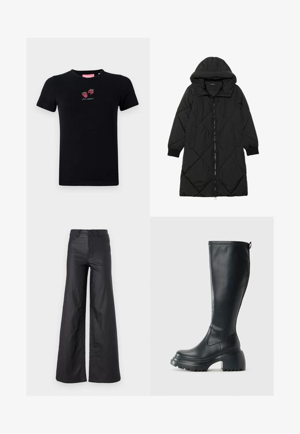 Juodas siūtais pūkų paltas su gobtuvu, turintis užtrauktuką, šonines kišenes ir elastines rankoves. Lygus, vandeniui atsparus audinys.; Juoda medvilninė palaidinė su trumpomis rankovėmis, apvaliu kaklu ir išsiuvinėtomis braškėmis bei užrašu "Pasimėgaukime" baltos spalvos.; Juodos, plačios kelnės iš dirbtinės odos. Yra aukštas liemuo, kilpelės diržui, dvi priekinės kišenės ir siuvinėti detalėmis.; Ilgas juodos odinės batai su masyvi platforma ir stačiakampiu kulnu, turintys traukimo kilpą ir tekstūruotą pado raštą.