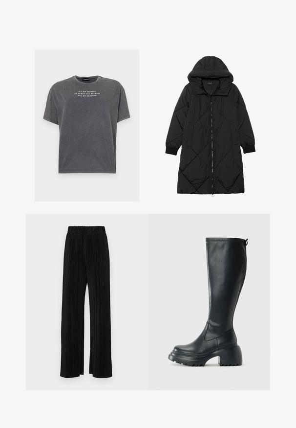 Black quilted puffer coat with a hood, featuring a zip closure, side pockets, and elastic cuffs. Smooth, water-resistant fabric.; Even&Odd TONIA TEE - Print T-shirt - black; Black pleated trousers with an elastic waistband. Features wide legs and a smooth, textured fabric with vertical stripes.; Tall black leather boot with chunky platform sole and block heel, featuring pull tab and textured tread on outsole.