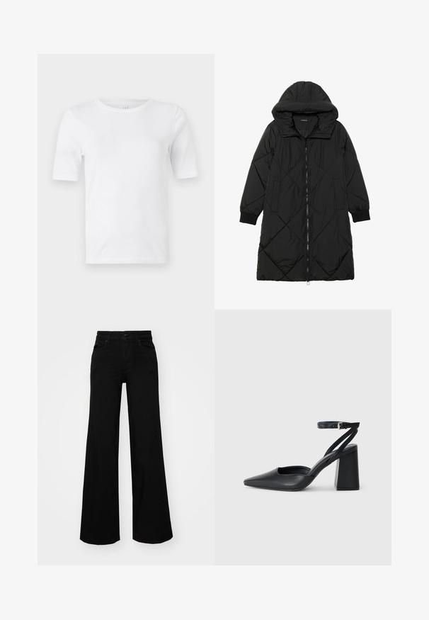 Melnas quiltētas pūkara mētelis ar kapuci, ar rāvējslēdzēja aizdari, sānu kabatām un elastīgām aprocēm. Gluda, ūdensizturīga auduma.; Balts kokvilnas T-krekls ar apaļu kakla izgriezumu un īsām piedurknēm. Gluda tekstūra, regulāra piegriezuma. Nav redzamu rakstu vai akcentu.; Melni plaša kāju bikses, izgatavotas no džinsa, ar strukturētu jostu, jostu cilpiņām un priekšējām kabatām. Gluda tekstūra ar klasisku dizainu.; Melna ādas augstpapēžu kurpe ar norakstīto purngala formu, potītes siksniņu un masīlu papēdi. Gluda tekstūra, elegants dizains un minimālisma estētika.