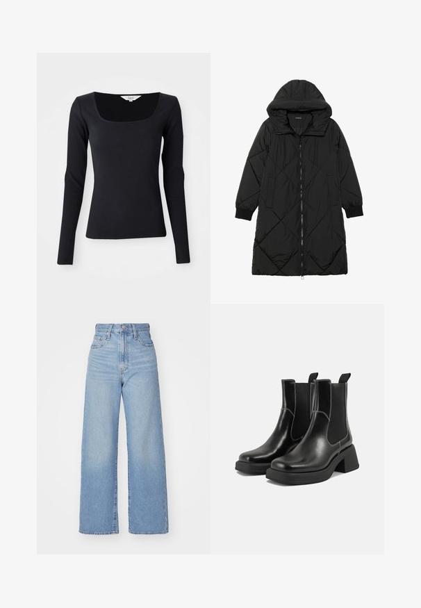 Geacă puffer neagră, matlasată, cu glugă, având închidere cu fermoar, buzunare laterale și manșete elastice. Material neted, rezistent la apă.; Top negru cu mânecă lungă, texturat, cu decolteu pătrat, fabricat dintr-un material elastic, cu un design ajustat, de culoare uniformă, fără modele sau embellishments.; Jeans cu talie înaltă, de culoare albastru deschis, cu croială largă, dotate cu nasture și fermoar la față, buzunare în față și spate, pe un fundal alb.; Botine Chelsea din piele neagră, cu toc masiv, panouri laterale elastice și cusături albe contrastante. Finisaj texturat.
