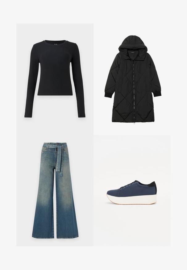 Černá prošívaná péřová bunda s kapucí, vybavená zipovým zapínáním, bočními kapsami a elastickými manžetami. Hladká, voděodolná tkanina.; Černý top s dlouhými rukávy, s kulatým výstřihem, ribkovanou strukturou, přiléhavým střihem a zkrácenou délkou. Bez vzorů nebo viditelných kovových detailů.; Džínové kalhoty širokého střihu s přechodem od světlé k tmavě modré, vysokým pasem, poutky na opasek a odpovídajícím opaskem ze stejného materiálu. Texturovaná džínovina.; Námořnické modré tenisky s texturovaným textilním svrškem, bílou platformovou podrážkou, kulatou špičkou a černým akcentem na patě. Obsahují šest očíček pro tkaničky.