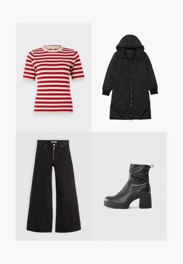 Black quilted puffer coat with a hood, featuring a zip closure, side pockets, and elastic cuffs. Smooth, water-resistant fabric.; Red and cream striped short-sleeve knit t-shirt with a round neckline and ribbed texture.  Evenly spaced stripes across the fabric.; Wide-leg jeans in black denim with a zippered front, five-pocket design, and subtle stitching details. Smooth texture and casual style.; Black ankle boots made of smooth leather, featuring a side zipper, chunky textured heel, and rounded toe design.