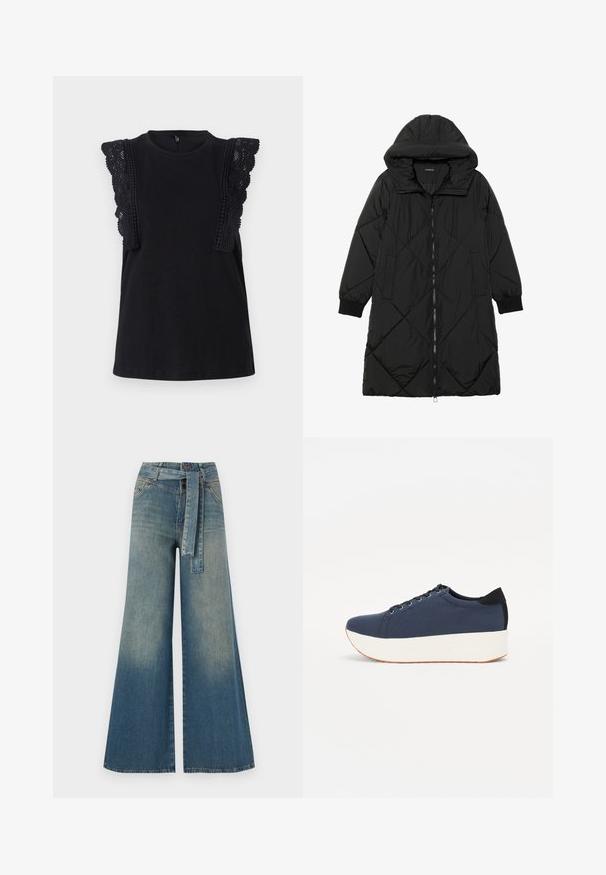 Must-havesinise mustris quiltitudis puffer jakk, millel on kapuuts, tõmblukk, küljetaskud ja elastsed varrukad. Sile, veekindel kangas.; Musthave musta ilma varrukatega topp, millel on keerukas pitsdetail õlgadel. Valmistatud pehmest kangast, see omab ümmargust kaelust ja vabalt langevat lõiget.; Laiad denimpüksid, millel on hele tume sinine gradiendiefekt, kõrge vöökoht, vöökumlid ja sobivast kangast vöö. Struktureeritud denimi viimistlus.; Tumedat sinised tennised tekstureeritud riidest pealispinnaga, valge platvormi tallaga, ümarate varvaste ja musta kontsapaneeliga. Omab kuut silma paelte jaoks.