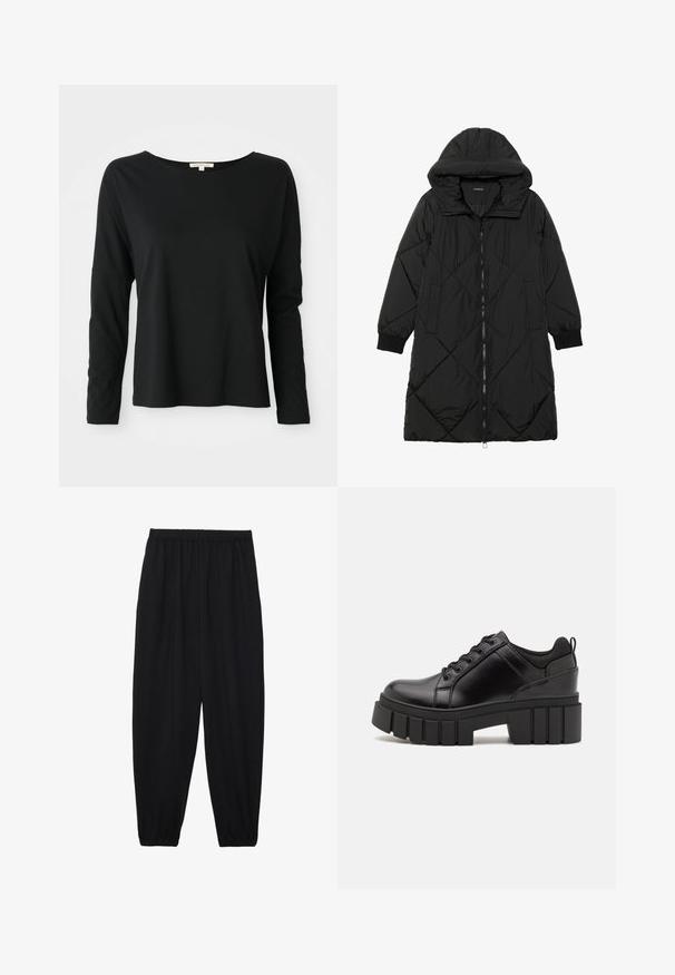 Zwarte gewatteerde pufferjas met een capuchon, voorzien van een ritssluiting, zijzakken en elastische manchetten. Glad, waterafstotend materiaal.; Zwart langemouwen crewneck shirt met een relaxte pasvorm en verlaagde schouders, weergegeven op een witte achtergrond.; Zwarte, lichte broek met een elastische tailleband en gathered enkels. De stof is glad en heeft een ontspannen, taps toelopend ontwerp.; Zwarte leren platform schoenen met een stevige blokhak, ronde neus en een traditionele vetersluiting. Kenmerkt zich door een gladde textuur en minimale details.