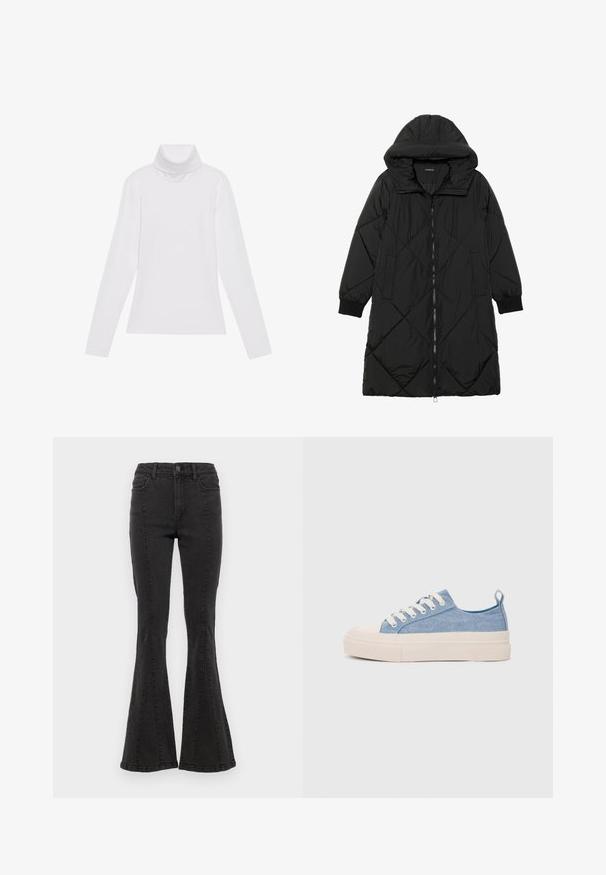 Čierna prešívaná páperová bunda s kapucňou, so zipsom, bočnými vreckami a elastickými manžetami. Hladká, vodeodolná tkanina.; Biely dlhý rukáv v štýle roláka vyrobený z hladkej, elastickej tkaniny. Má vysoký golier a priliehavý strih, bez viditeľných vzorov alebo ozdôb.; Čierne denimové rozšírené džínsy s vysokým pásom, obsahujúce bočné švy a čistý okraj na leme. Látka má hladkú textúru s miernym elastickým efektom.; Svetlomodré plátené tenisky s krémovou gumovou špičkou a podrážkou, obsahujúce biele šnúrky a pútko na päte.