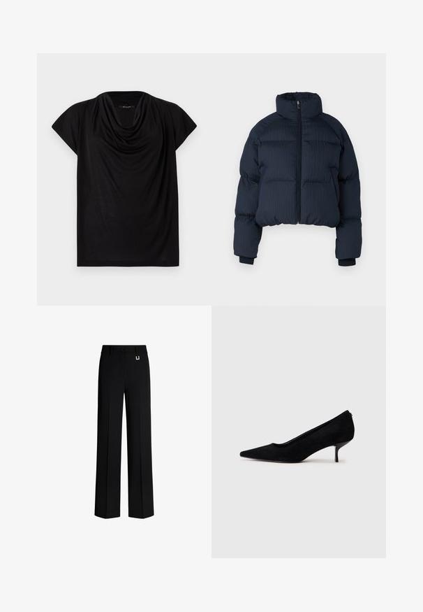 Veste matelassée marine avec une texture côtelée, un col haut et une fermeture éclair à l'avant. Design cropped avec des poignets élastiques. Convient pour le temps frais.; Haut noir à manches courtes avec un col drapé. Fabriqué en tissu doux et léger, il présente une coupe ample et une texture lisse.; Pantalons noirs à jambe large en tissu lisse. Dotés d'une fermeture à bouton et d'un accent métallique doré à la taille. Coupe droite et ajustée.; Chaussure à talon haut en suede noir avec un bout pointu et un talon fin et bas. Texture lisse avec un design épuré, sans matériel visible.