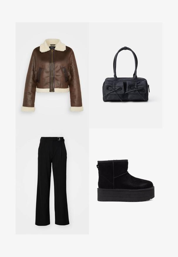 Brun kunstlær cropped jakke med pelskrage, matchende mansjetter og sidelommer; har front glidelås og kontrasterende paneler.; Svart høyhalset langermet topp, laget av ribbestrikket stoff, har en tettsittende design med høy hals og uten mønstre eller dekorasjoner.; Svarte bredbukser med en jevn tekstur, som har et belte med sølvfarget metall og to frontfolder for ekstra detaljer.; Svarte semskede ankelstøvler med en tykk plattformsåle og myk fôr. Fullført med sømdetaljer og en bakre opphengsløkke for enkel påkledning.; Svart stoff håndveske med to frontlommer med sløyfe detaljer, doble håndtak og glidelås. Myk tekstur og rektangulær form.; Sett med øredobber i ulike stiler: sølv- og svarte hoops, studs og hengende design, med teksturer og detaljer som pigger og mønstre.