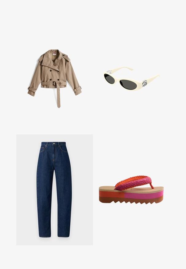 Beige trench coat with a double-breasted design, large collar, and belted waist. Features button accents and adjustable cuffs. Made of smooth fabric.; White sleeveless top with adjustable straps, fitted design, smooth fabric texture, and a round neckline. No patterns or hardware details.; Dark blue denim jeans with a high waist, straight leg design, contrasting stitching, and five pockets. Silver button and zipper closure.; Platform flip-flop with multicolored woven strap in orange and pink. Textured tan footbed and ridged outsole in brown, pink, and coral stripes.; Cream-colored sunglasses with oval lenses, black tint, and metallic logo accents at the temples. Smooth texture, cat-eye design.