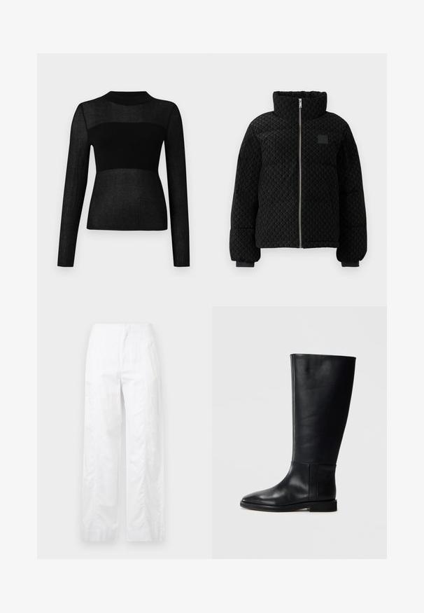 Must kollane puffer jope kõrge kraega, mustriga tekstuur, eesne lukuga ja elastsete mansettidega. Omab diskreetset logo plaati rinnal.; Musta pika varrukaga topp rib kootud kangast. Omab kõrget kaelust ja poolläbipaistvat detaili rinnal ja varrukatel.; Valged laiad püksid, mis on valmistatud kergetest materjalidest, omades siledat tekstuuri, puhtaid jooni ja kõrget vöökohta.; Mustadast mustad nahast põlve kõrgus kingad, ümarate varvastega, siledast tekstuurist, minimalistlikus disainis ja lame tallaga. Lihtsad õmbluse detailid varrel.