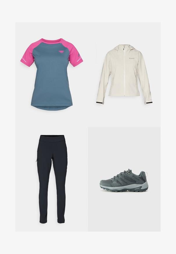 Svetlo bež nepremočljiva jakna s kapuco, z zadrgo na sprednji strani, elastičnimi manšetami z črnimi detajli in logotipom na zgorni levi strani.; Športna majica s kratkimi rokavi, ki ima teal trup in rožnate raglan rokave. Izdelana iz lahkega materiala s krožnim ovratnikom.; Črne športne hlače s slim fit krojem, elastičnim pasom in stransko žepom z zadrgo. Gladek, raztegljiv material z minimalnimi šivi.; Temno sivi pohodniki z zgornjim delom iz mrežaste in semiš usnja, s sistemom zavezovanja, oblazinjeno podplatom in robustnim podplatom z vzorcem za dober oprijem.