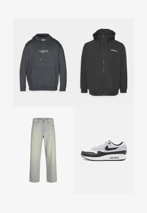 Chaqueta negra con capucha, cierre frontal, puños elásticos y logo bordado en el pecho. Tejido suave con acabado mate.; Sudadera gris oscuro hecha de una tela suave. Presenta una capucha con cordones, un bolsillo tipo canguro en la parte delantera y un logo en texto blanco en el pecho.; Jeans rectos de color gris claro con un diseño clásico de cinco bolsillos, cierre de botón y pasadores para cinturón. Fabricados en tela de mezclilla con una textura suave.; Zapatilla Nike Air Max 1 con parte superior en blanco y gris, detalles en cuero negro, forma redondeada y amortiguación de aire visible en la suela.