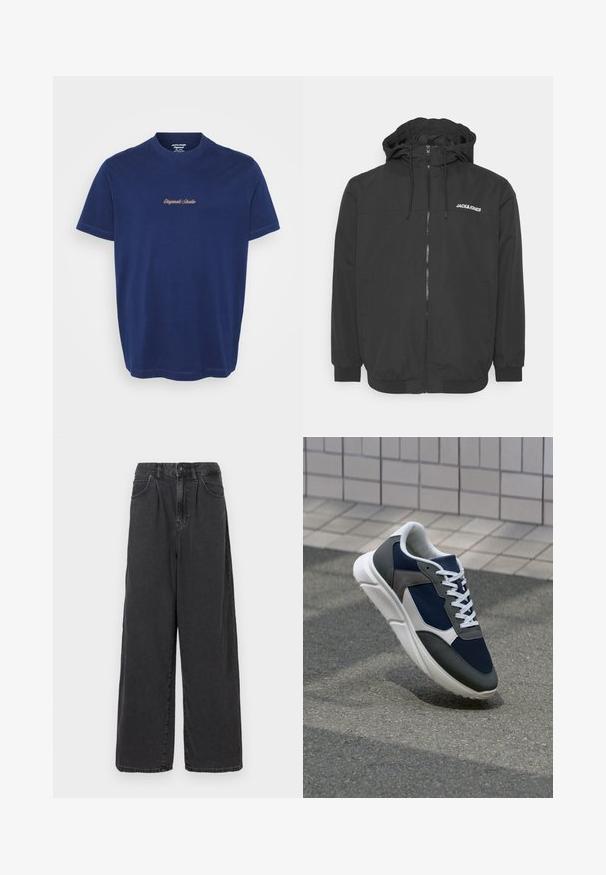 Črna kapucna jakna s sprednjim zadrgo, elastičnimi manšetami in vezenim logotipom na prsih. Gladka tkanina z mat površino.; Temno modra bombažna majica s krojem okroglega vratu in kratkimi rokavi; na prsih izvezen napis "Originals Studio" v kontrastni rjavi nitki.; Široke hlače iz črnega denima z visokim pasom, z zapiranjem na gumb in zadrgo spredaj, ki imajo stranske žepe in gladko teksturo.; Superge z zgornjim delom iz mrežaste tkanine v mornarsko modri barvi, sivi usnjeni poudarki, belo gumijasto podplato in ravnimi belimi vezalkami, zasnovane za udobje in zračnost.