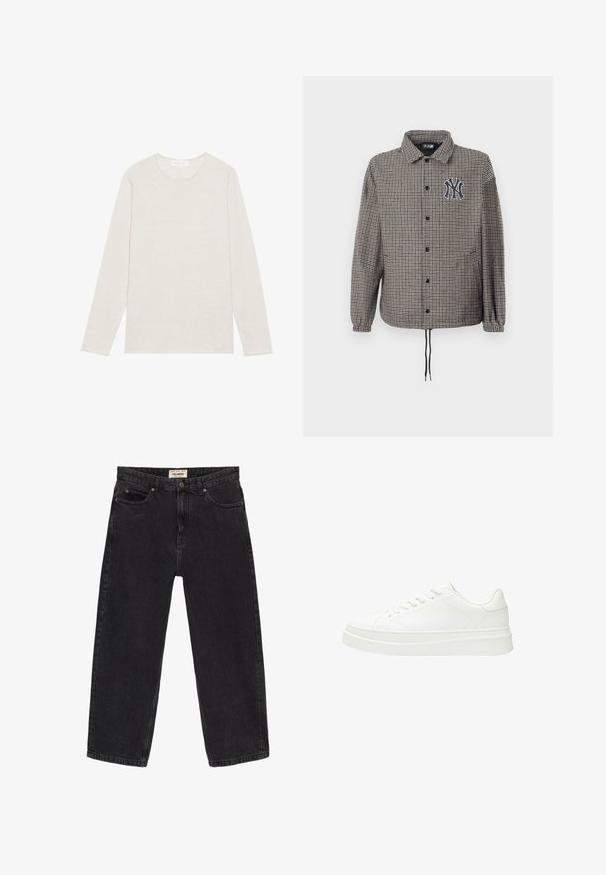 Jas in ruitjespatroon in grijs en zwart, met een knopenlijst aan de voorkant, elastische cuffs en een geborduurd logo op de borst.; Crème lange mouwen t-shirt van zachte brei stof. Heeft een ronde halslijn en een relaxed fit zonder zichtbare patronen of accenten.; Zwarte spijkerbroek van denim met een relaxte pasvorm. Beschikt over vijf zakken, een knoopsluiting aan de voorkant en stikdetails. Licht vervaagde textuur.; Witte sneaker met een glad leren bovenwerk, platte veters en een dikke rubberen zool. Minimalistisch ontwerp met subtiele stiksel en naadloze accenten.