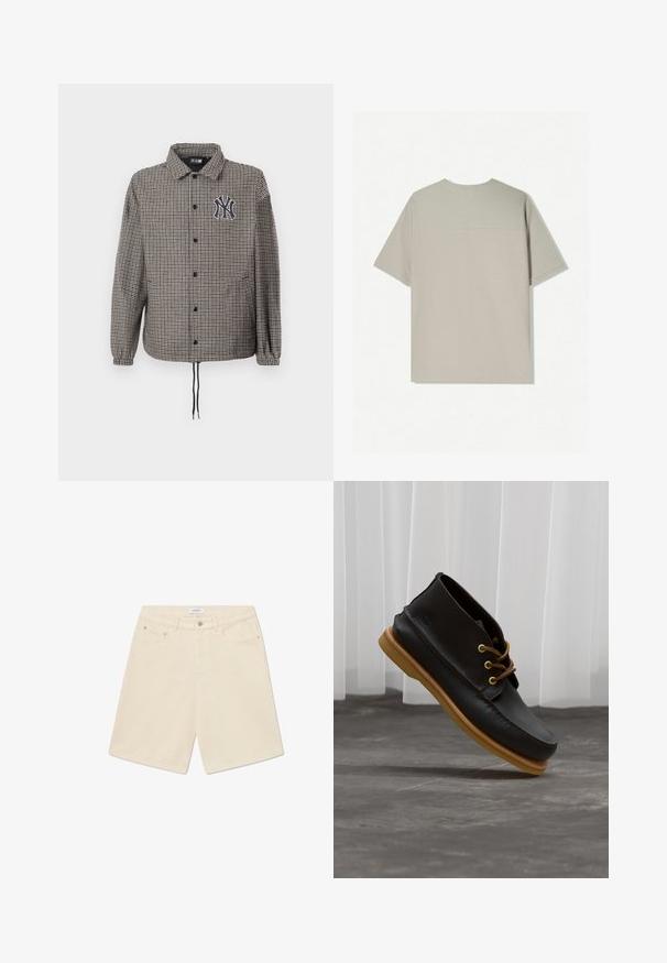 Kabát s vzorom houndstooth v sivej a čiernej farbe, s gombíkovou prednou časťou, elastickými manžetami a vyšívaným logom na hrudi.; Bežové bavlnené tričko s krátkymi rukávmi. Má jednoduchý dizajn a okrúhly výstrih. Hladká textúra s minimálnym šitím na zadnej strane.; Bežové denimové kraťasy so rovný strihom, piatimi vreckami a značkovou etiketou na páse. Obsahuje zapínanie na gombík a zips.; Čierne kožené topánky s hladkým povrchom, okrúly špička, hnedé šnúrky a svetlohnedé gumové podrážky. Logo je embosované na boku.