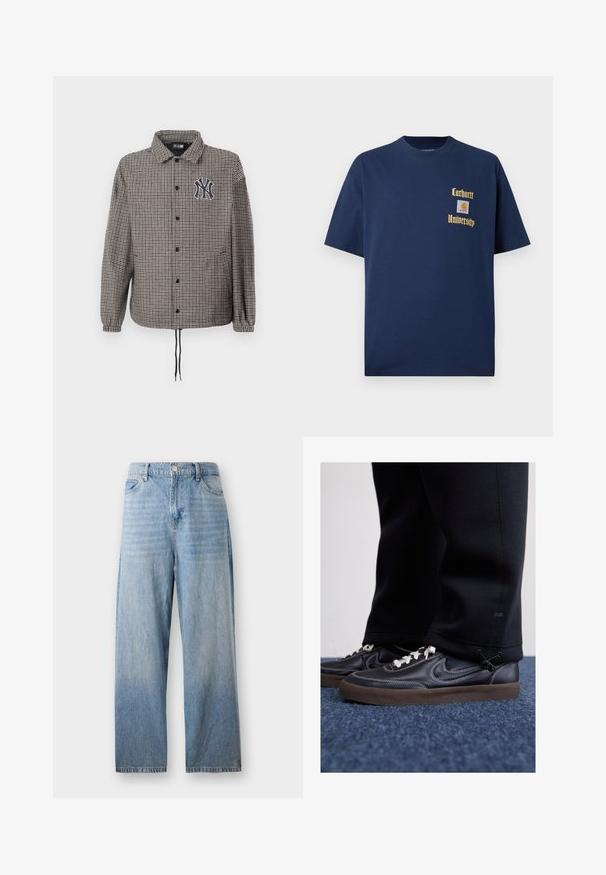 Sako s uzorkom zig-zag u sivoj i crnoj boji, s kopčanjem sprijeda, elastičnim manžetama i vezom loga na prsima.; Tamno plavi pamukasti majica s kratkim rukavima, s zlatnim natpisom "Carhartt University" i logotipom na lijevoj strani grudi.; Svijetloplave traperice ravnog kroja, visokog struka i izblijedjele završne obrade. Imaju prednje džepove i dugme za zakopčavanje.; Nike Sportswear KILLSHOT 2 LTR PRM OPP2 - Tenisice - black sail baroque brown mtlc dk grey