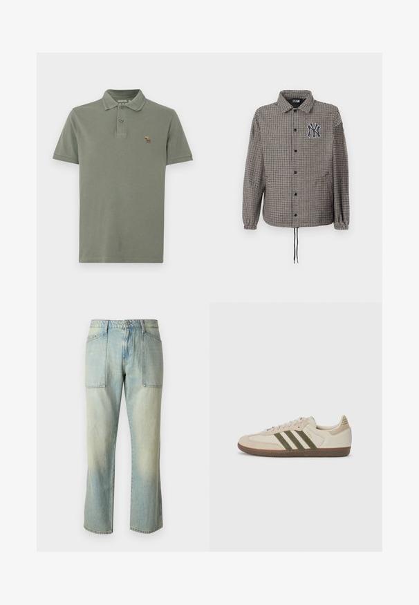 Houndstooth-patterned jacket in gray and black, with a button-up front, elastic cuffs, and an embroidered logo on the chest.; Olive green polo shirt made of cotton, featuring a two-button placket and a small embroidered moose logo on the chest. Short sleeves.; Light blue denim jeans with a straight leg cut, visible stitching, and two large front pockets. The fabric has a faded texture.; adidas Originals SAMBA OG UNISEX - Trainers - alumina/medium dark khaki/gum